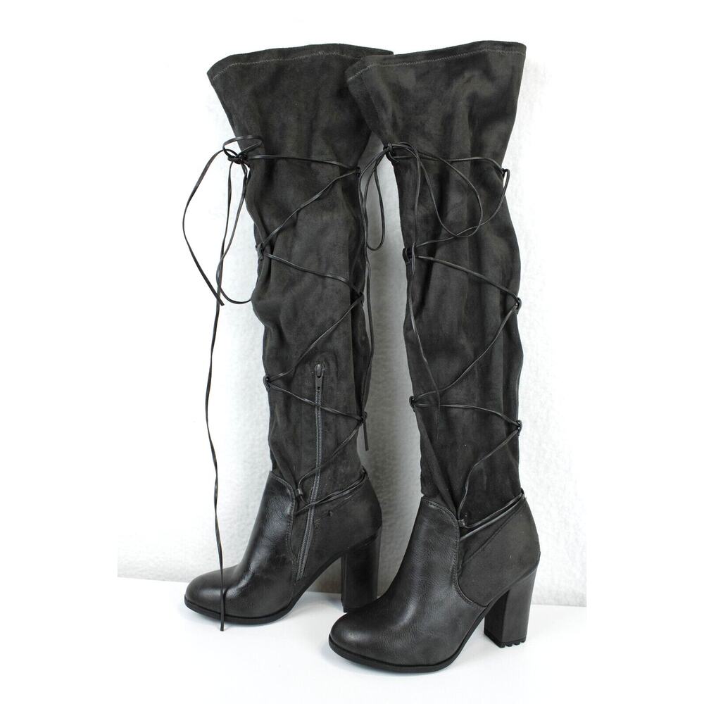 Leila Stone Rayne Suede Lace Up Zip Tall Boots Women 6 Block Heel 3.5" Dark Gray - Picture 2 of 15